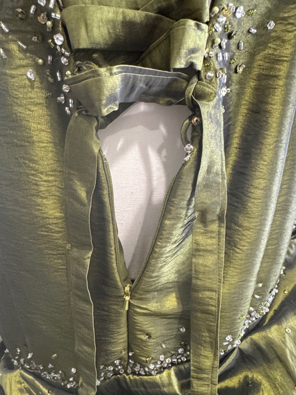 Y2K Olive Green Ball Gown Silver Gem Formal Dress Maggie Sottero - Picture 9 of 10